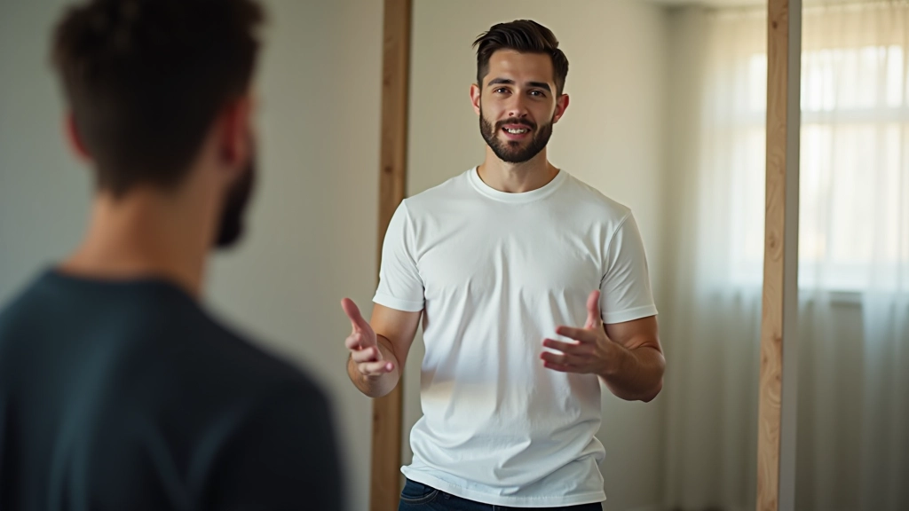 Uomo che pratica il discorso davanti a uno specchio in uno studio luminoso