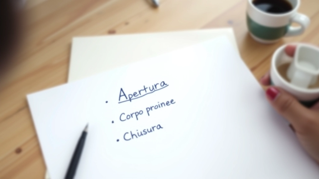 Diagramma disegnato a mano che mostra la struttura di un discorso con sezioni apertura, corpo e chiusura chiaramente etichettate