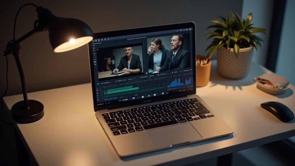 Schermo di laptop che mostra software di registrazione video con timeline e controlli di riproduzione, desk moderno con webcam