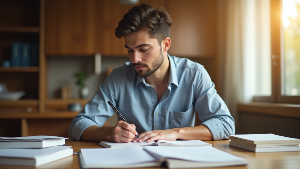 Persona che prende appunti su un quaderno, circondato da libri aperti e articoli di ricerca su una scrivania in legno