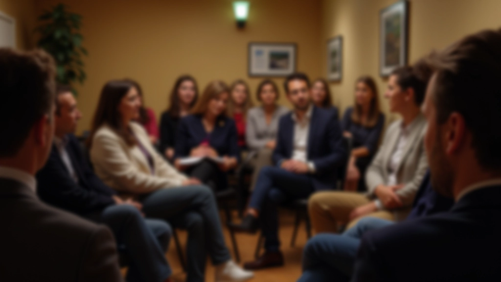 Gruppo di persone sedute in cerchio durante una riunione del club di public speaking