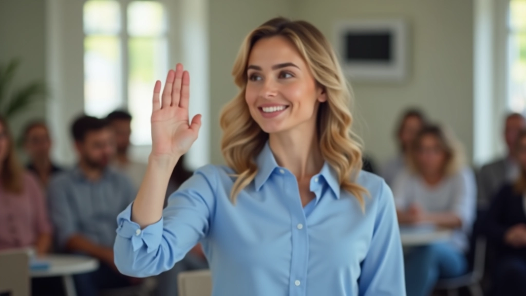 Persona nervosa che alza la mano per offrirsi volontaria di parlare durante una riunione del club