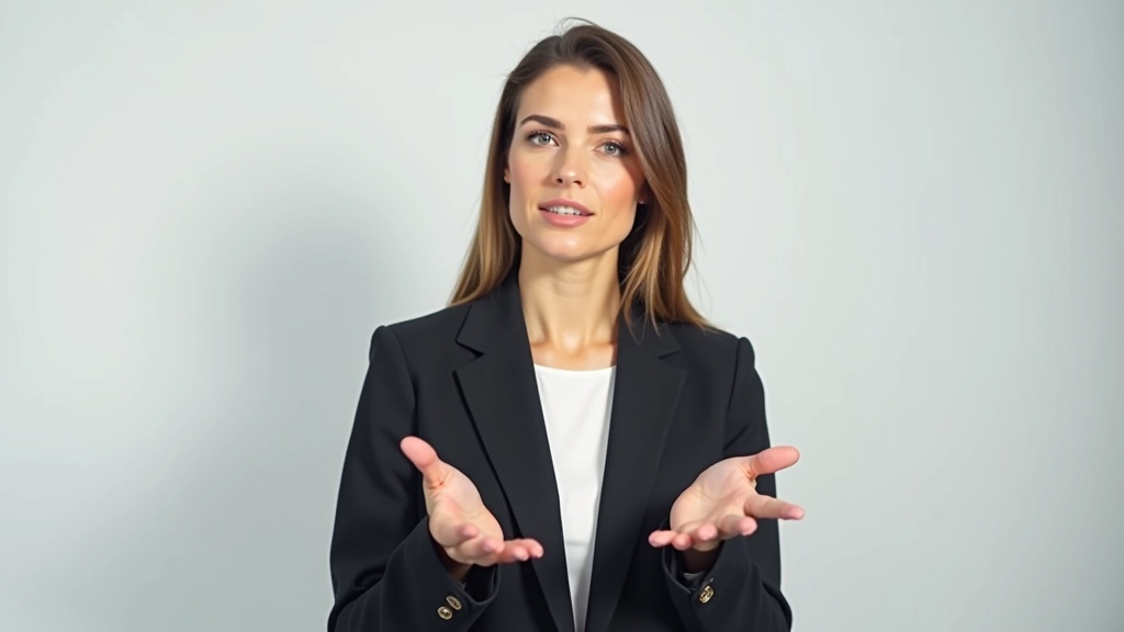 Donna che pratica la presentazione in uno studio, con le mani gesticolando durante il discorso, postura eretta e consapevole