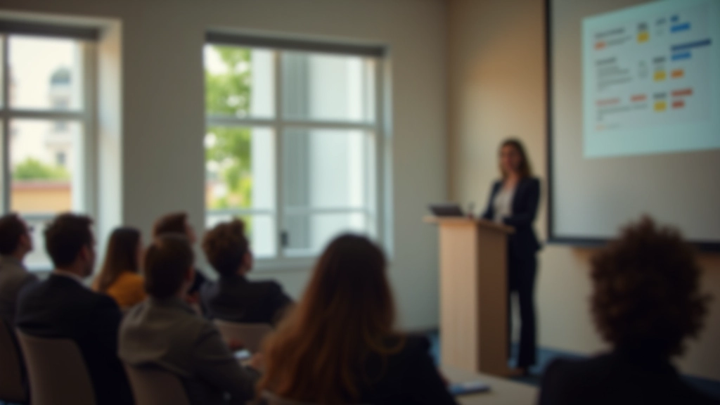Donna che parla in pubblico davanti a un pubblico attento in una sala conferenze moderna in Italia